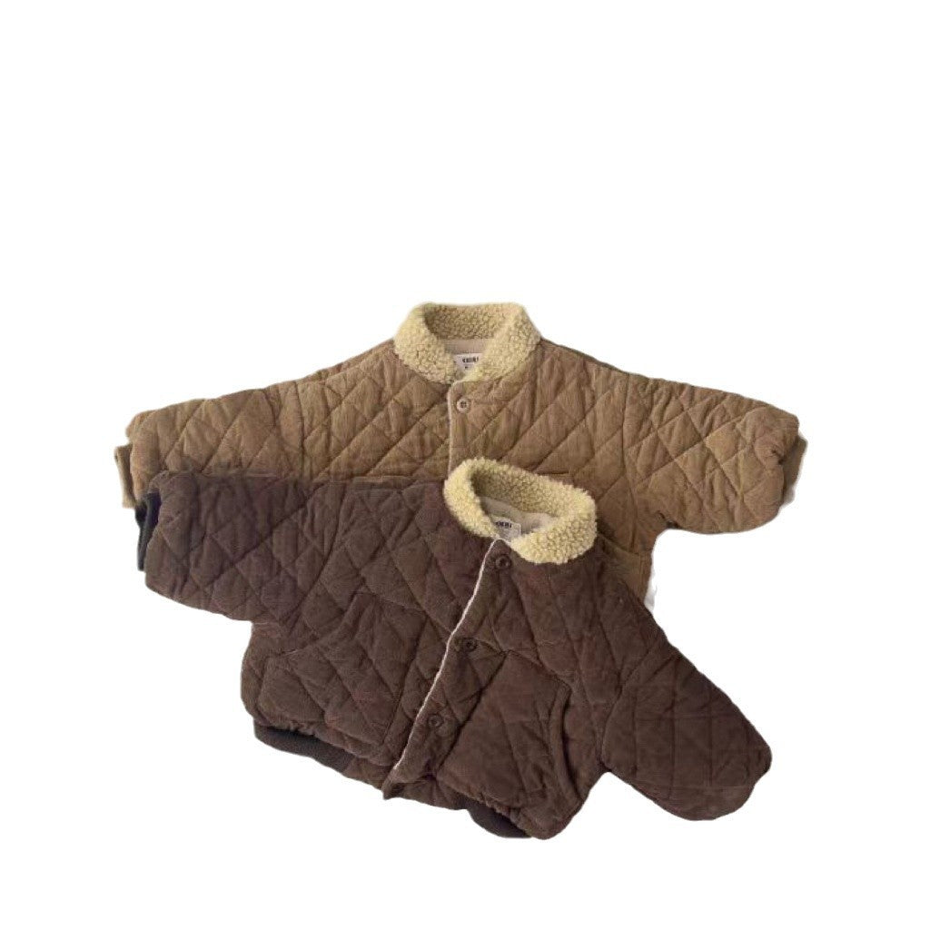 Light brown and dark brown quilted baby jackets on white background