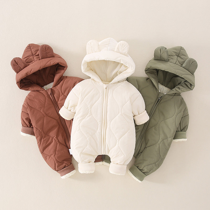 Brown, beige and green quilted bear ears baby rompers