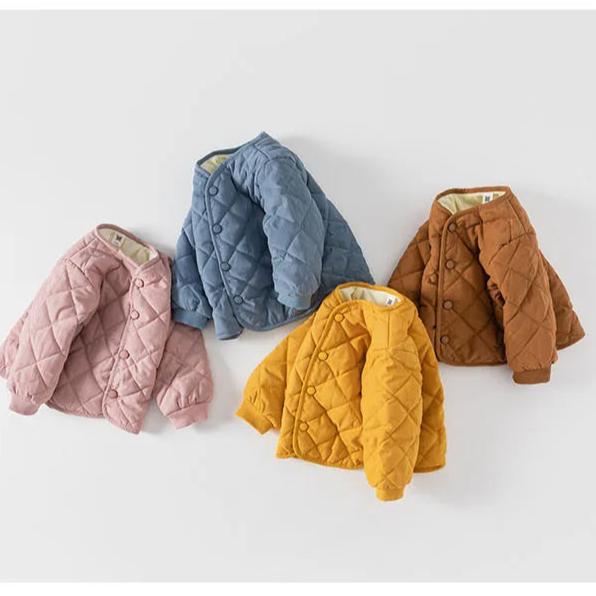 Group of quilted baby jackets in four colours