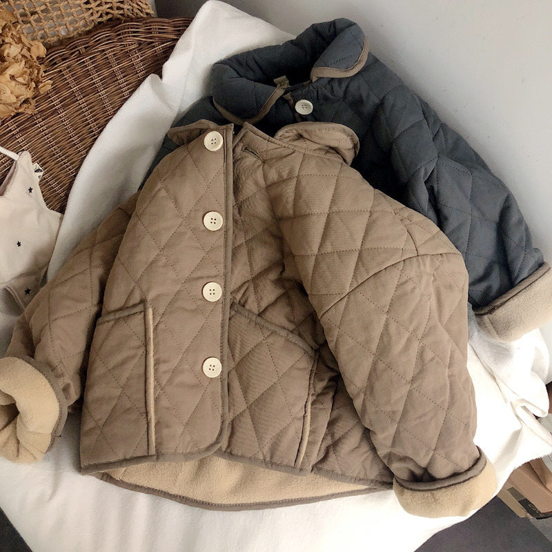 Beige and dark gray diamond quilted padded toddler coats