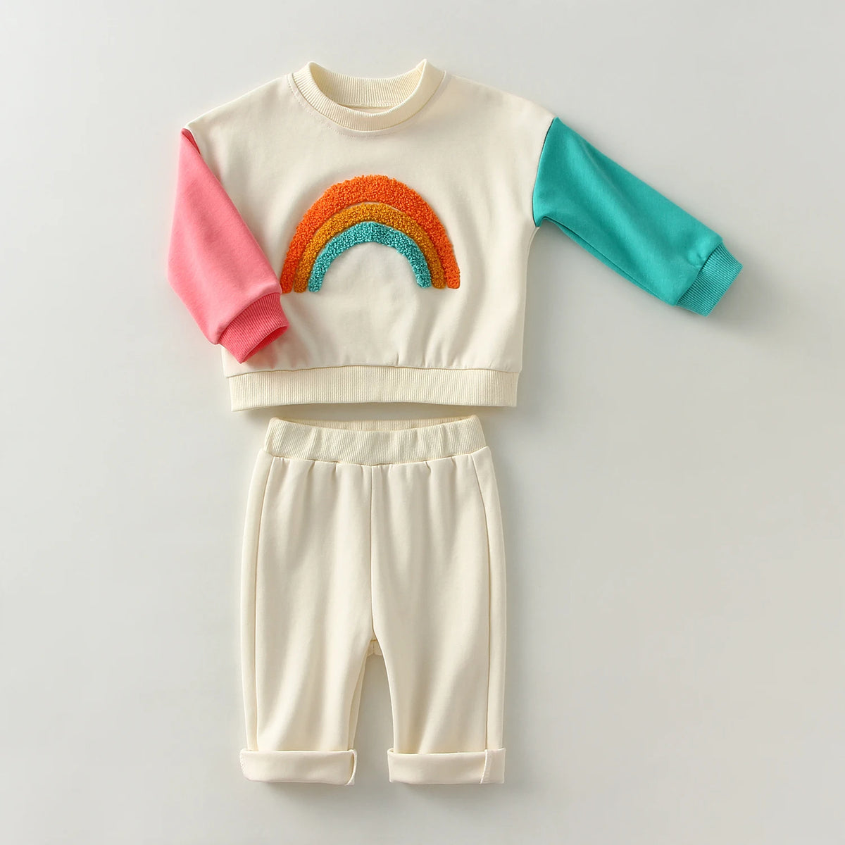 Rainbow sweatshirt and cream pants set
