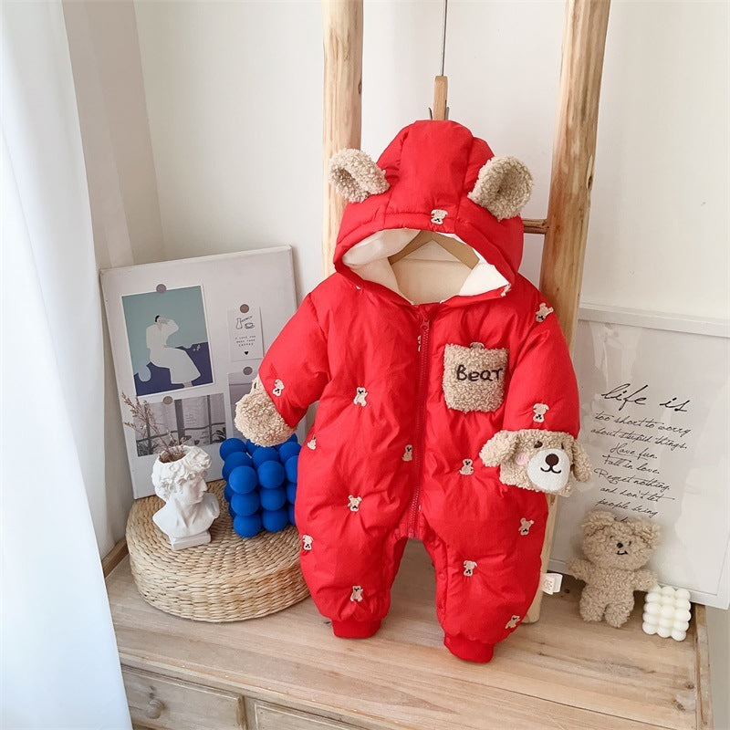 Red bear ears snowsuit hanging