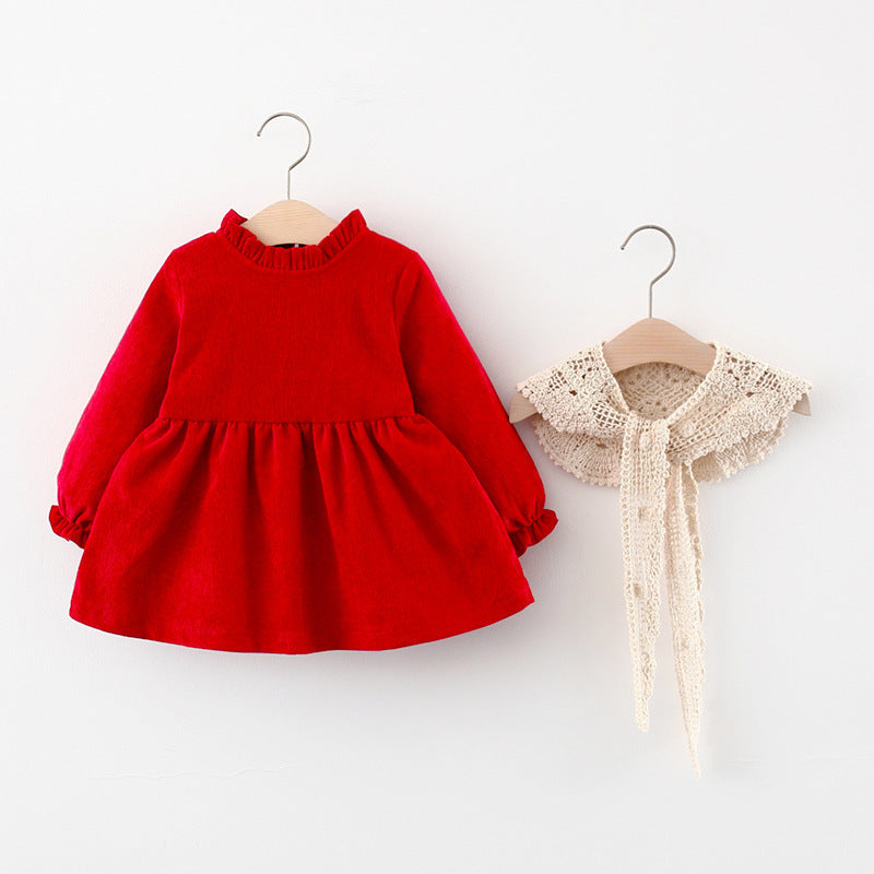 Red corduroy dress shown with detachable crochet collar beside it