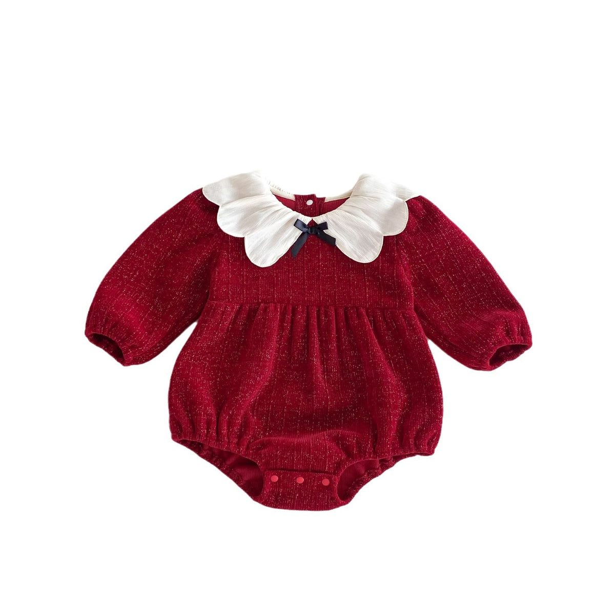 Red petal collar baby romper on white background