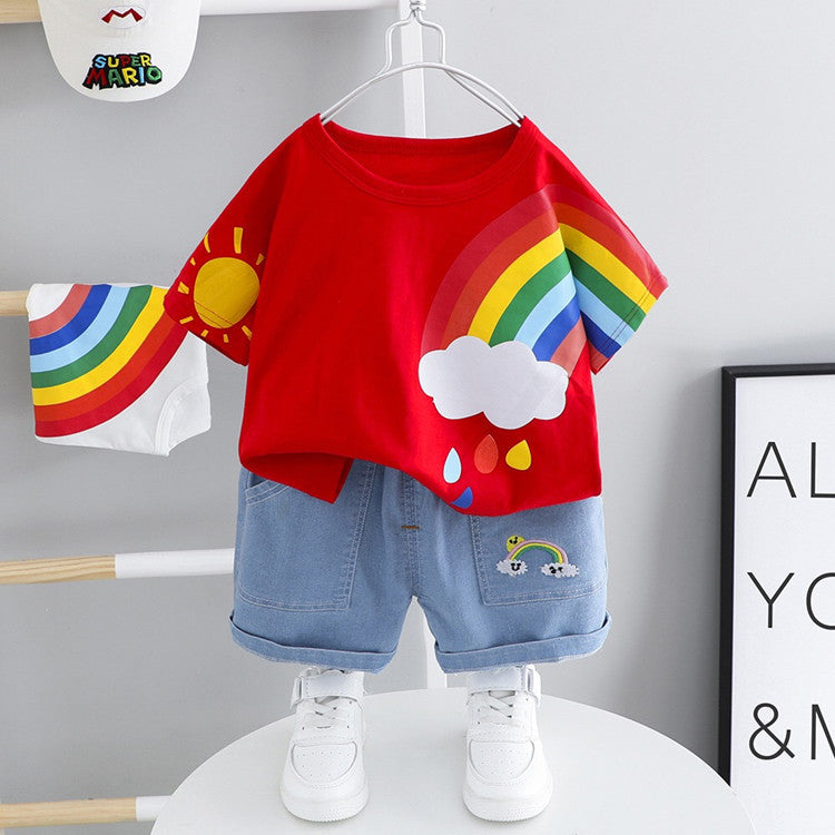Red rainbow tee and denim shorts set