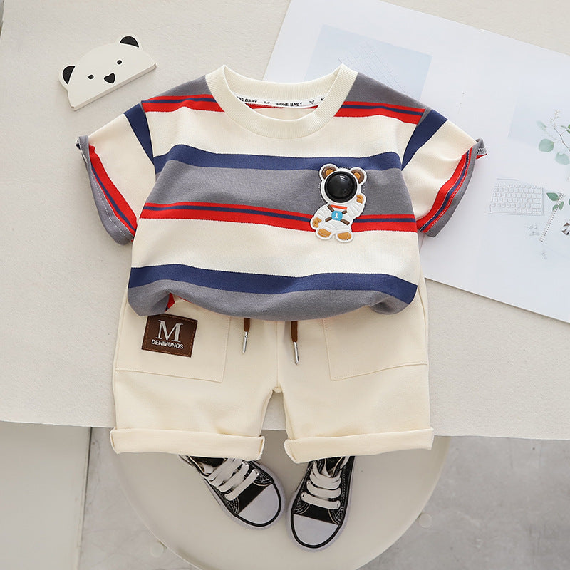 Red and navy striped tee with astronaut bear and cream shorts