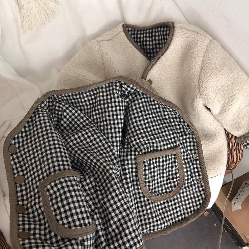 Reversible sherpa and gingham check kids jackets