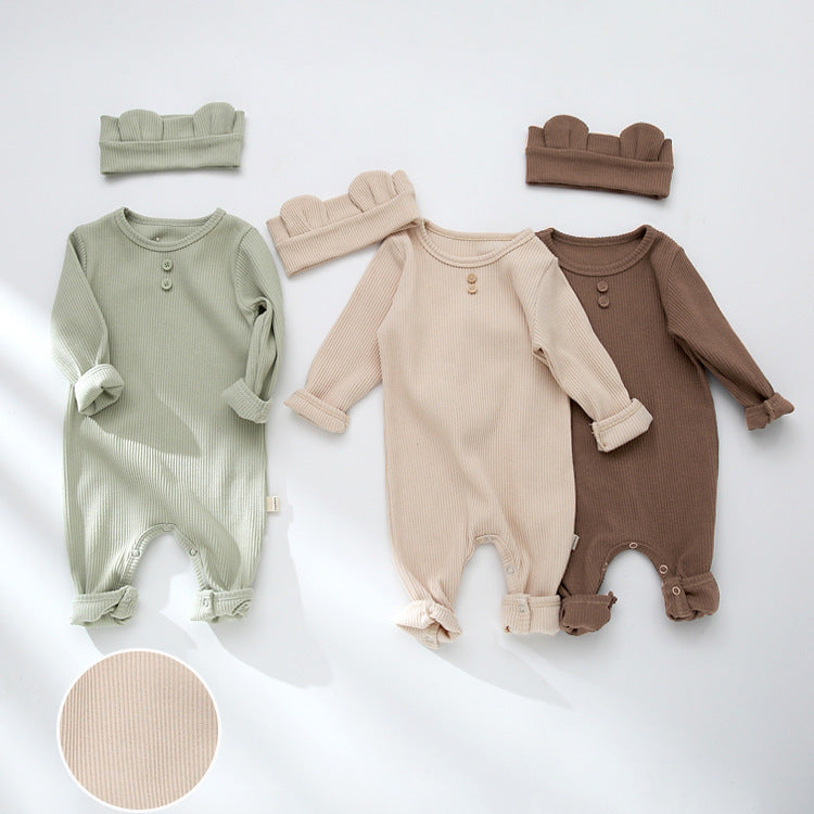 Green, beige and brown ribbed footed baby jumpsuits with headbands