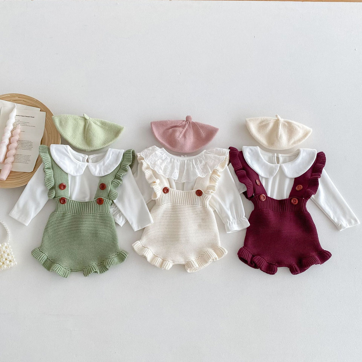Green, beige and red ruffle knit suspender rompers with collared blouses and berets