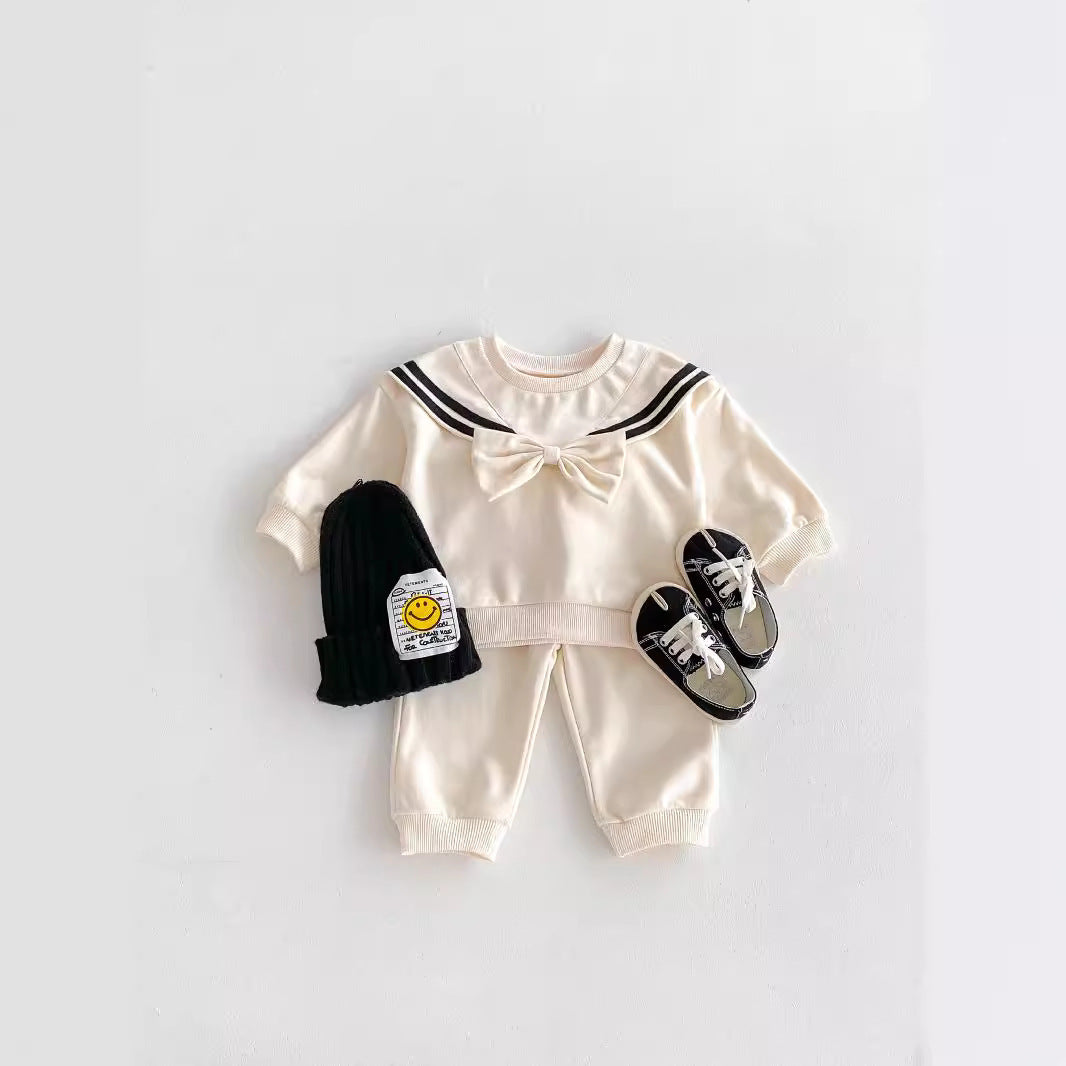 Cream sailor collar sweatshirt and joggers set with beanie and shoes