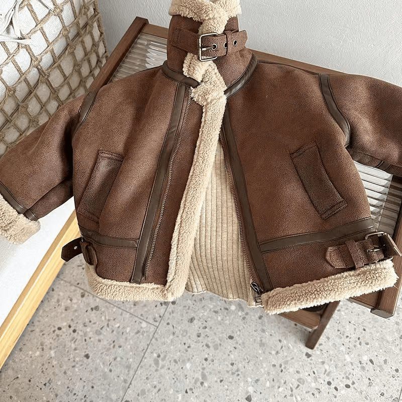 Brown aviator jacket showing sherpa lining