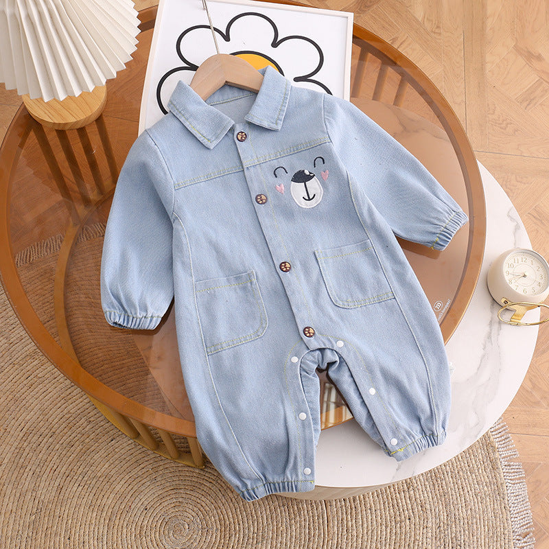 Light blue denim baby jumpsuit with smiling bear pocket