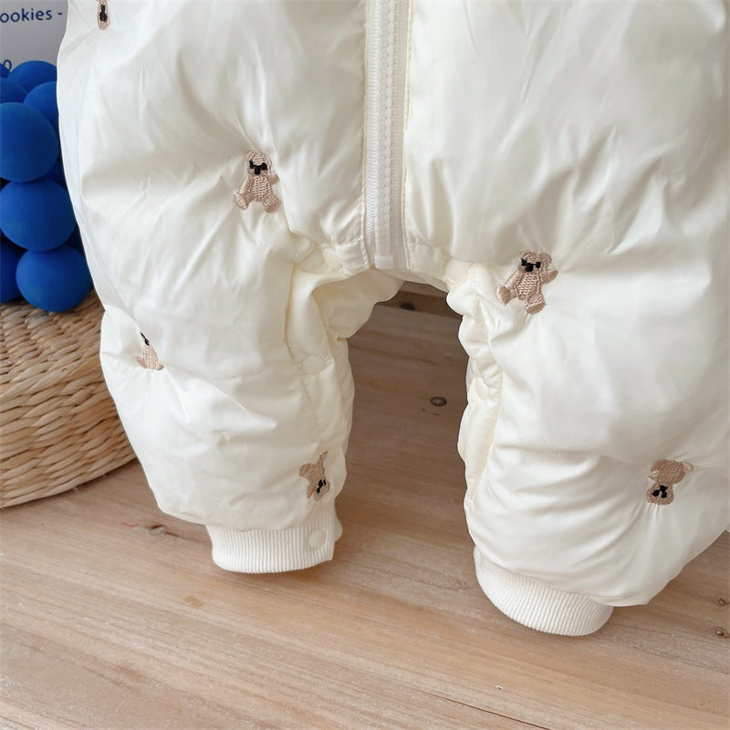 Close-up of padded snowsuit legs
