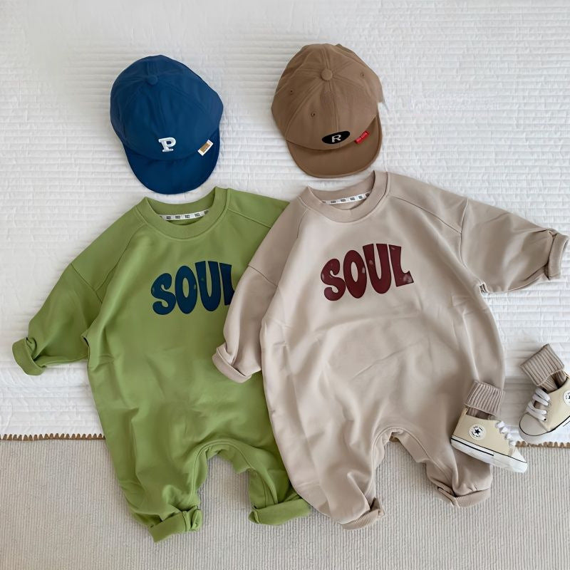 Green and gray SOUL letter sweatshirt rompers with caps