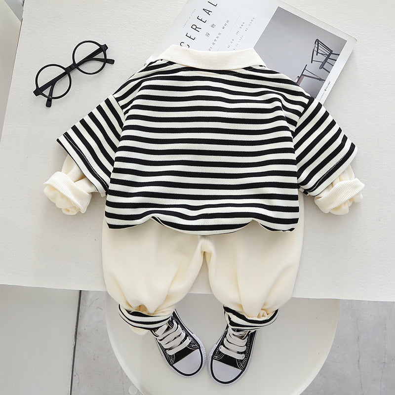 Striped bear polo set styled with sneakers and glasses