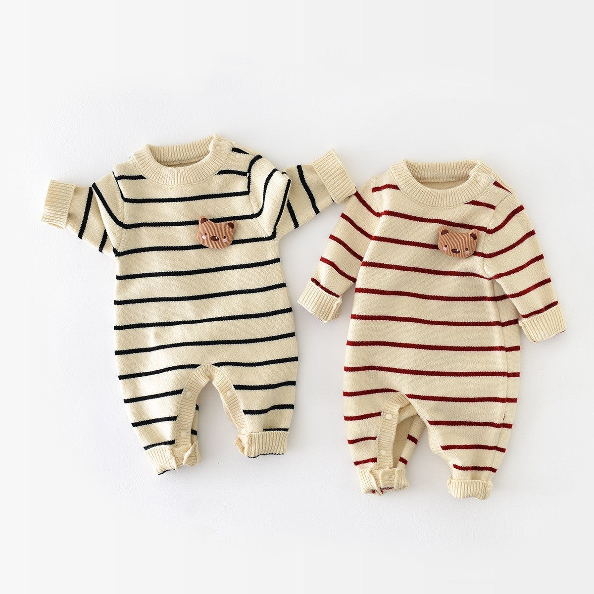 Black and red striped knit baby rompers with bear charms