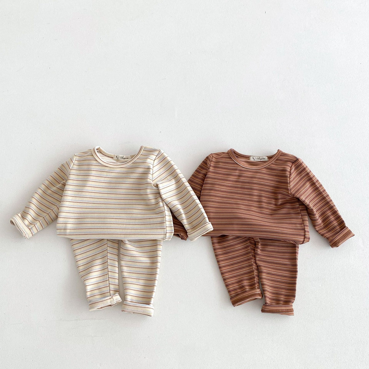 Beige and brown striped baby pajama sets