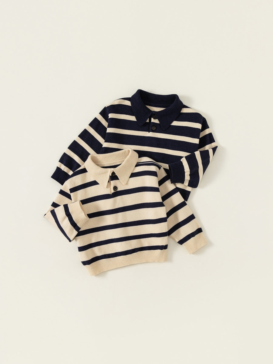 Navy and cream striped polo sweaters