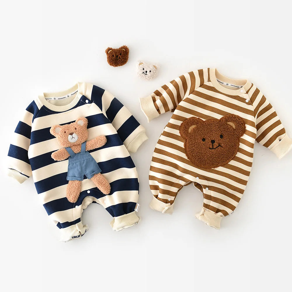 Navy and brown striped teddy bear baby rompers