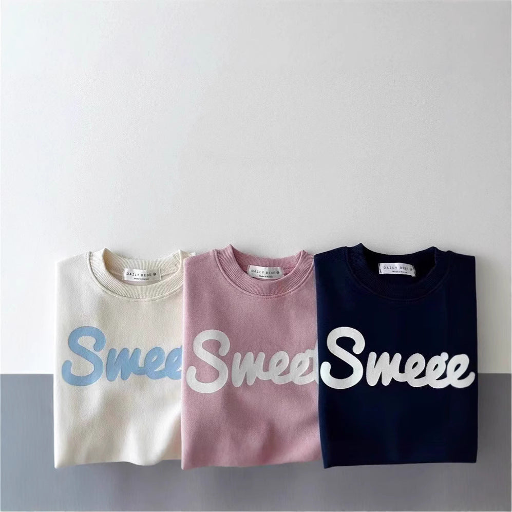 Beige, pink and navy Sweet letter sweatshirts side by side