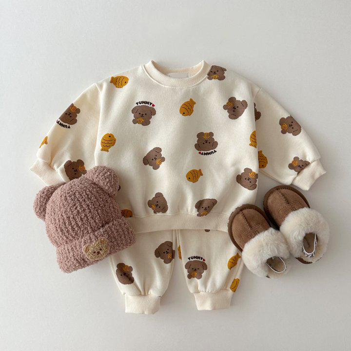 Cream teddy bear print sweatshirt and joggers set with pink bear beanie