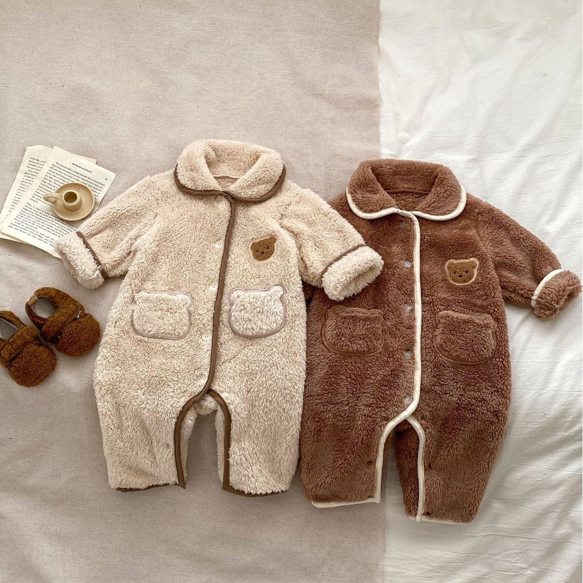 Beige and brown teddy fleece bear baby jumpsuits