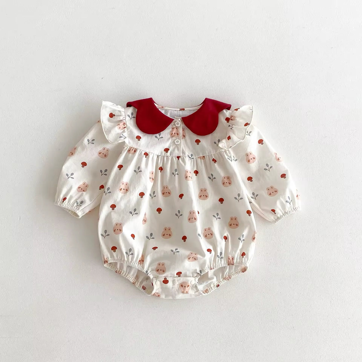 Tulip floral print baby girl romper with red petal collar