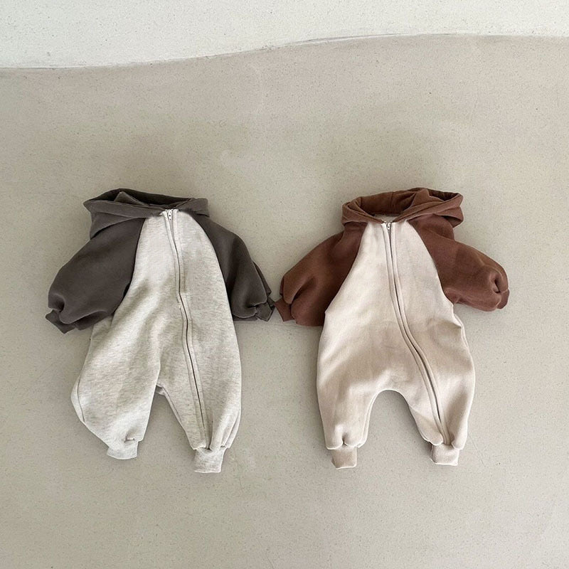 Gray and brown two-tone hooded fleece baby jumpsuits