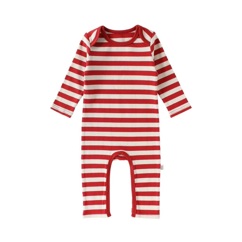 Red and cream striped envelope-neck baby romper, flat lay