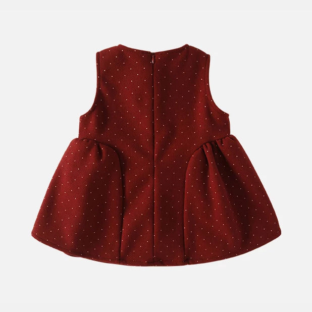 Back of red pinafore dress with zip and gathered skirt