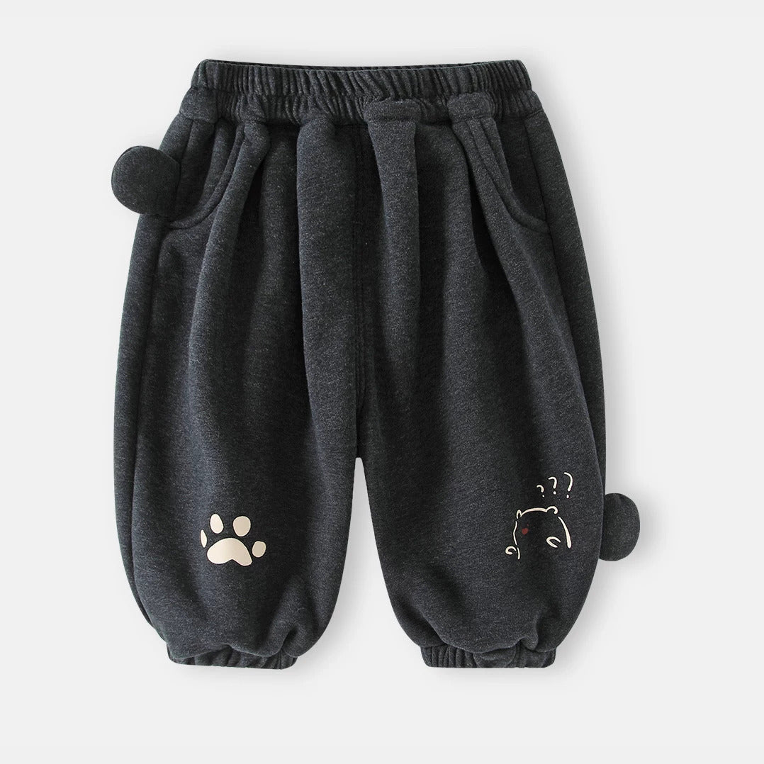 Charcoal fleece-lined baby jogger pants with bear ears and paw print, flat lay