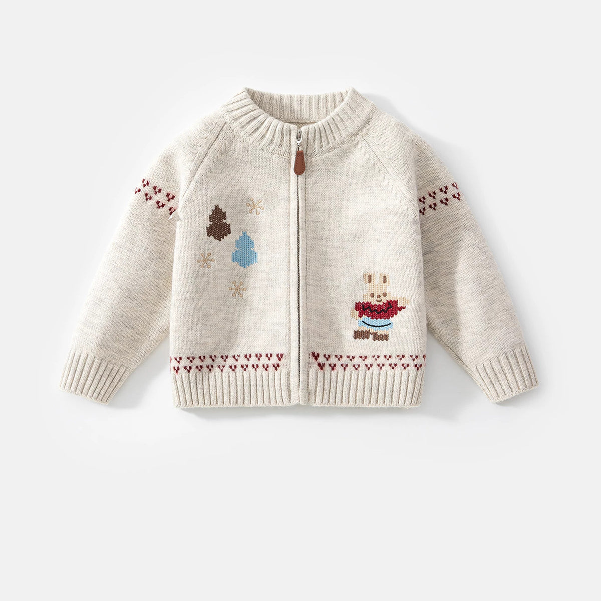 Oatmeal zip-up knit cardigan with bunny, trees and heart-pattern border
