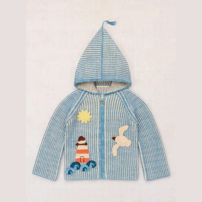 Sky blue ribbed knit zip-up hoodie cardigan for kids, flat lay