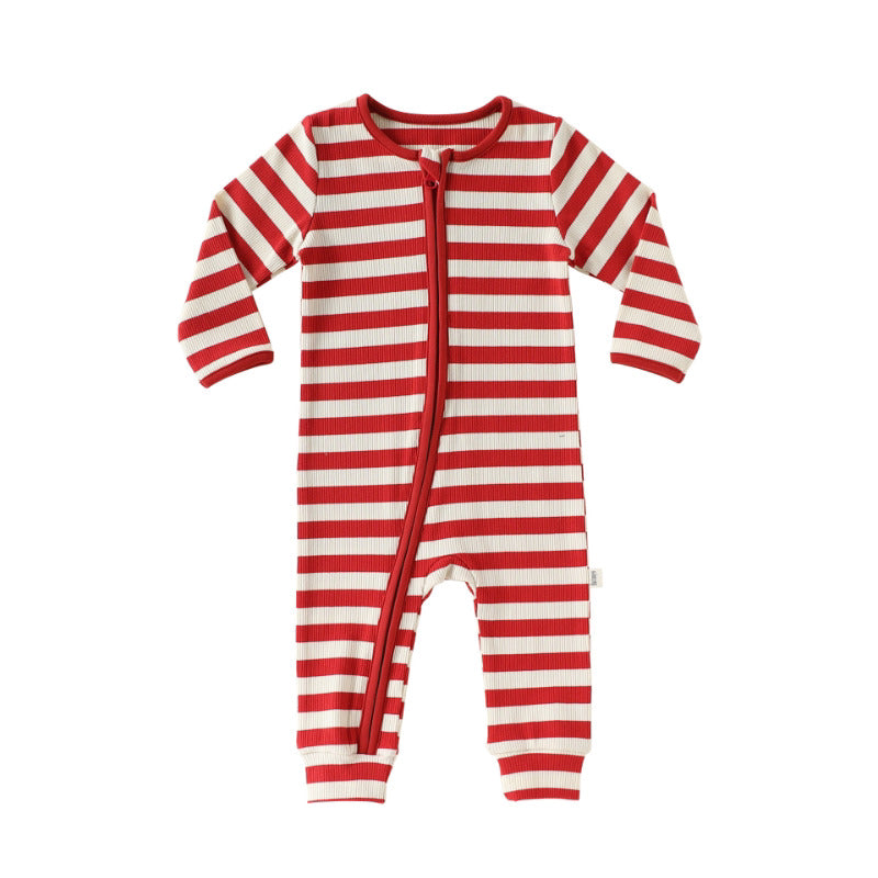 Red and cream striped baby romper with side zip, flat lay