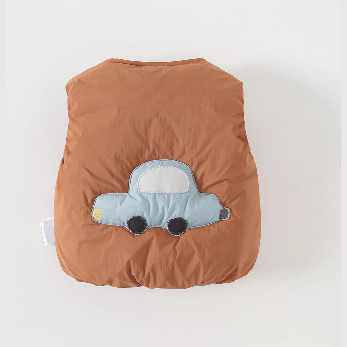 Rust baby down vest with a puffy little car appliqué on the back