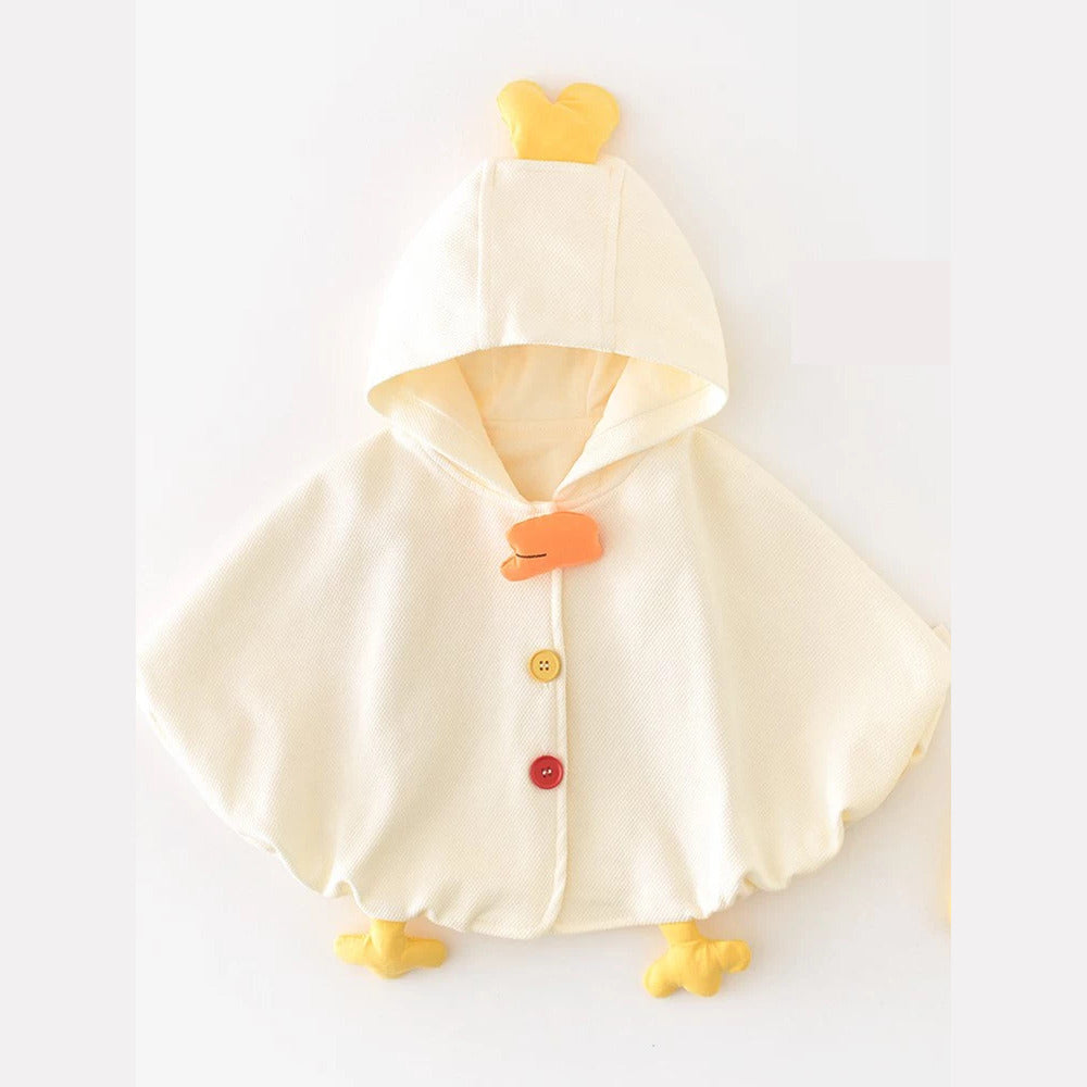 Cream hooded baby cape with chick comb, beak and feet, flat lay