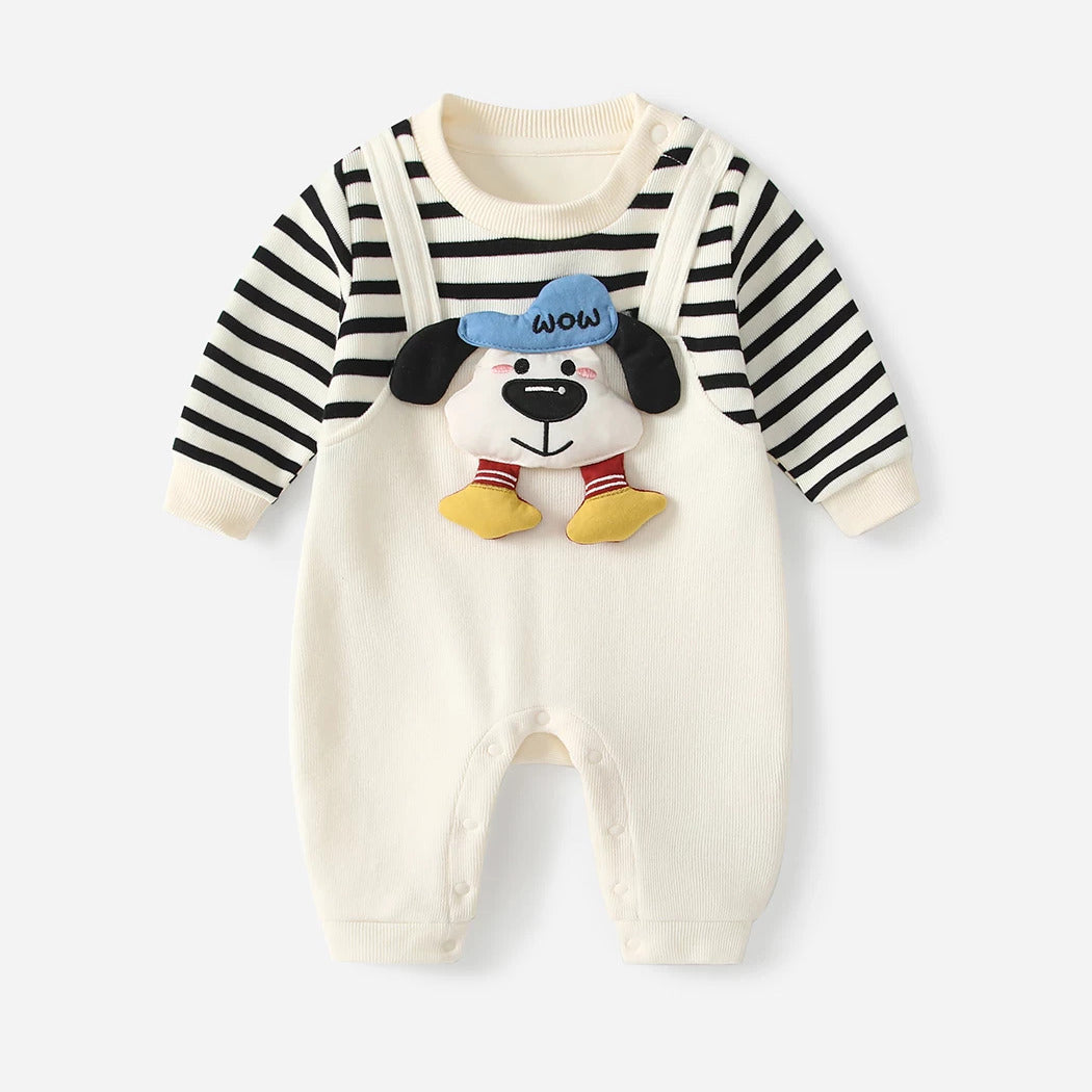 Cream baby romper with black striped sleeves and a plush puppy in a blue cap, front view