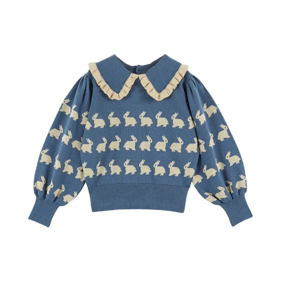 Navy bunny jacquard knit sweater with frilled collar, flat lay