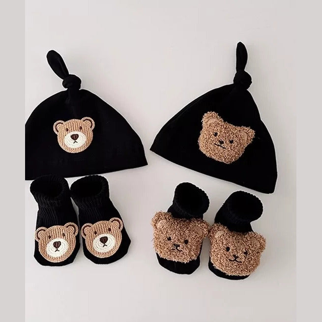 Bear patch and teddy bear baby hat and sock sets side by side