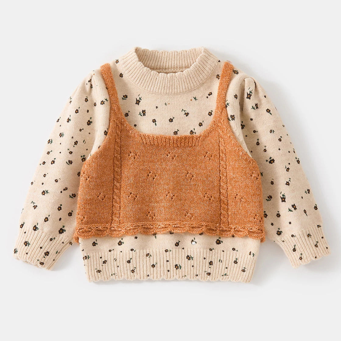 Cream floral knit sweater with attached pumpkin pointelle vest, flat lay