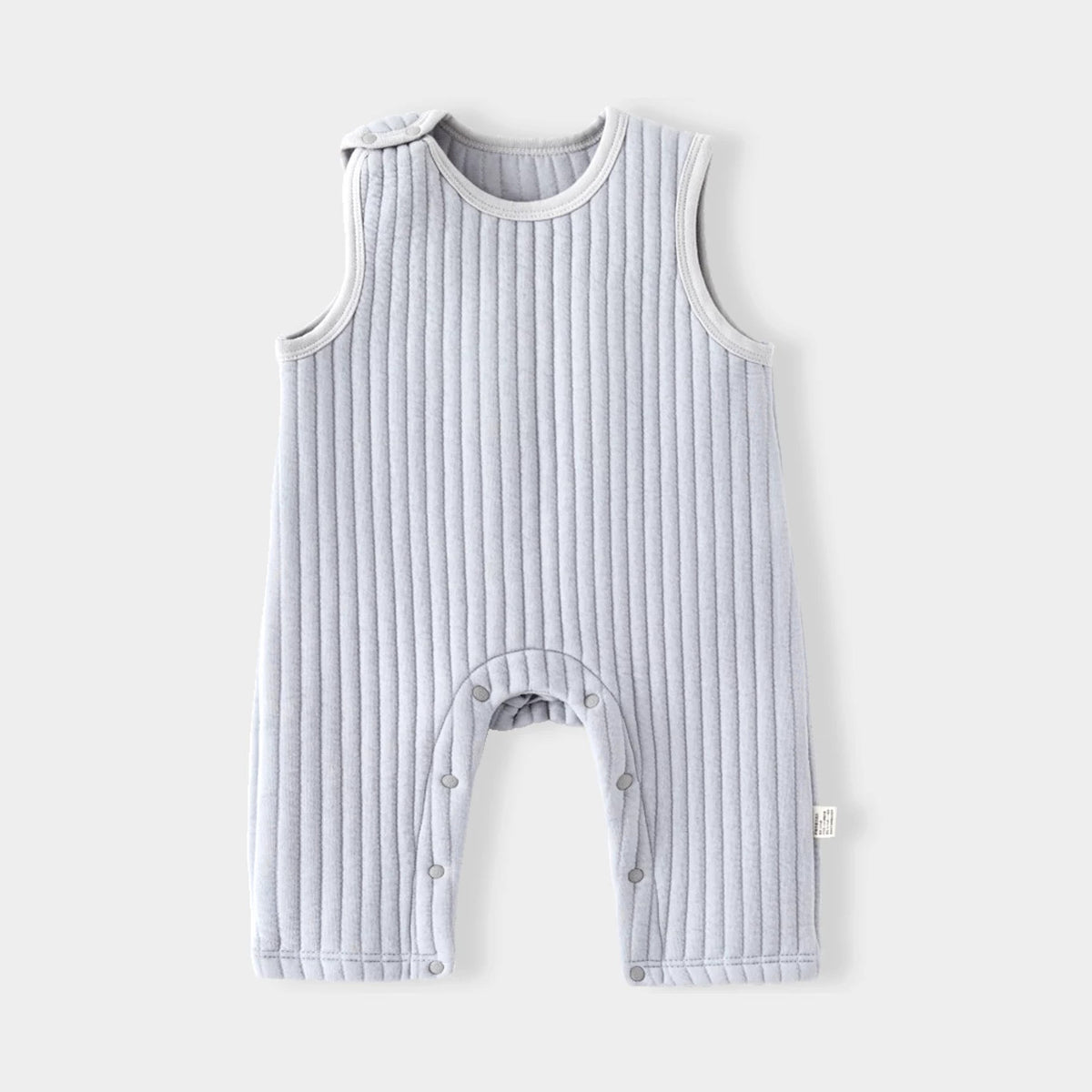 Dusty blue quilted sleeveless baby romper with snap legs, flat lay