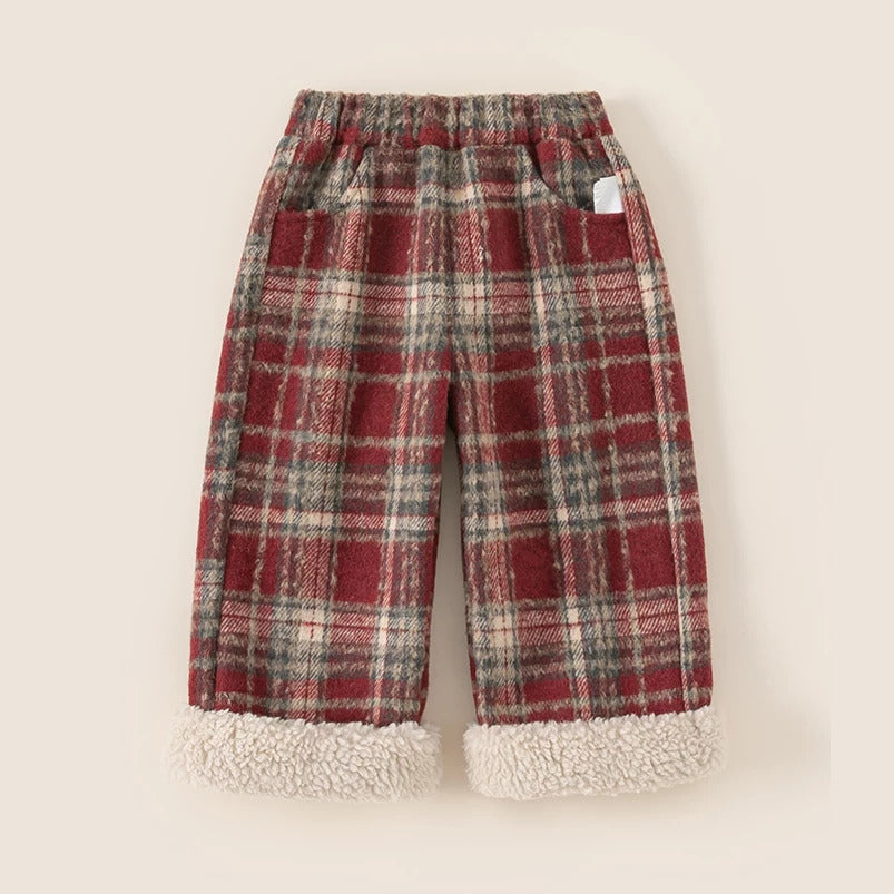 Red plaid fleece-lined pants with elastic waist and cosy sherpa cuffs