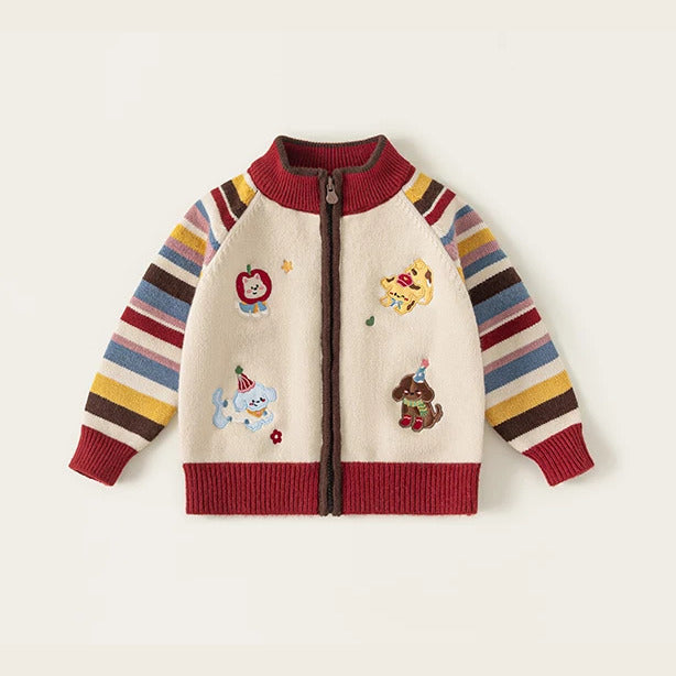 Cherry red collar zip cardigan with multicolour striped sleeves and embroidered puppy