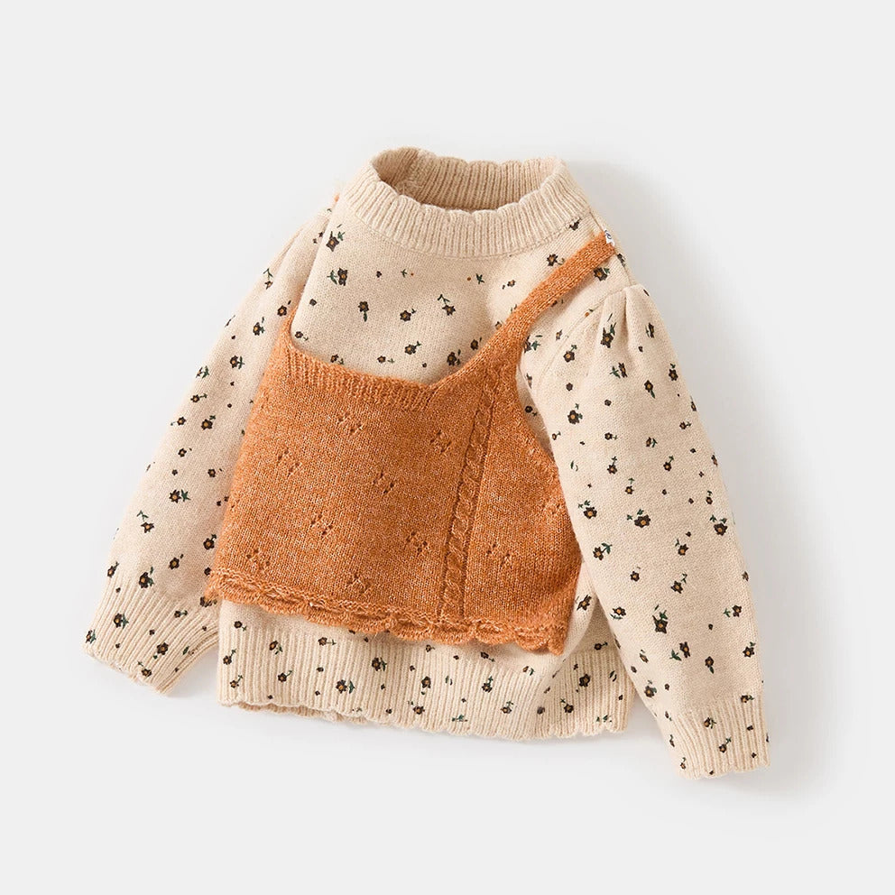 Pumpkin layered-look girls sweater, side angle