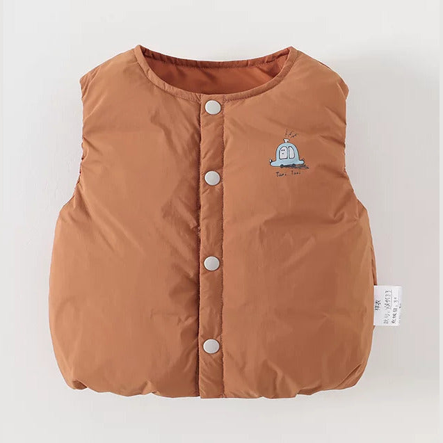 Front of the rust down vest with snap buttons and a small car print