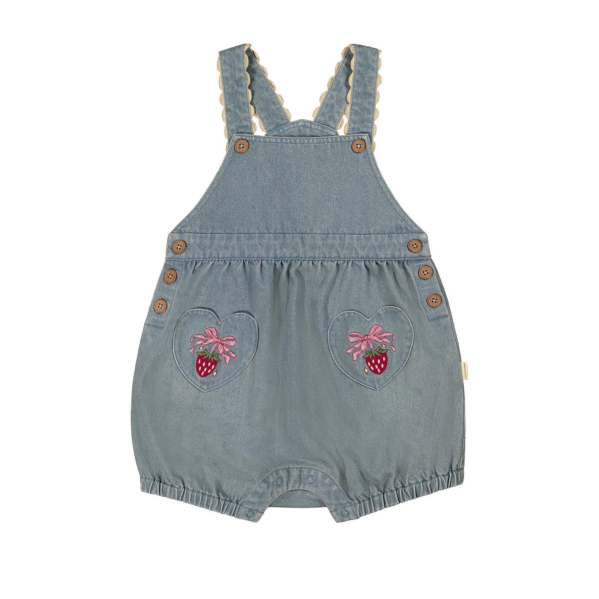 Denim blue bubble shortalls with embroidered strawberry heart pockets, product shot
