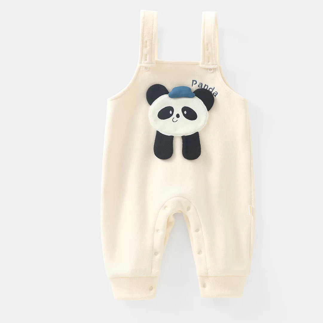 Apricot fleece baby overall romper with plush panda patch, flat lay