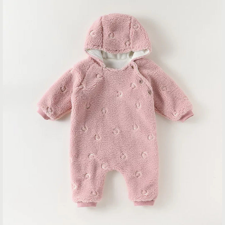 Rose pink hooded moon romper for babies, front view