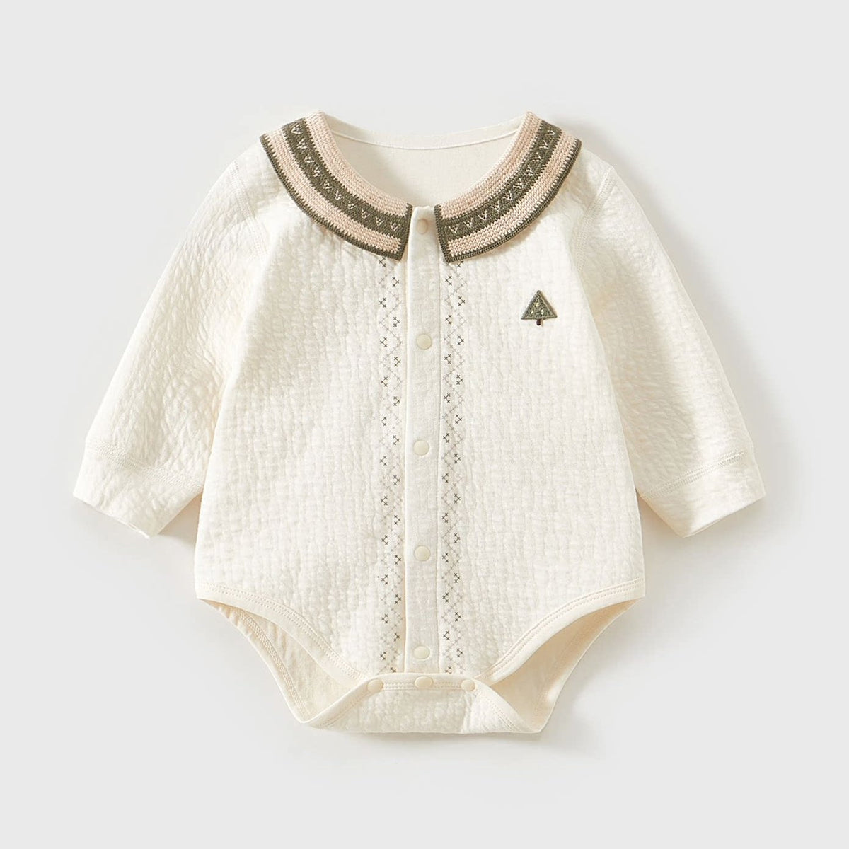 Cream textured long-sleeve baby bodysuit with woven trim collar and embroidered tree