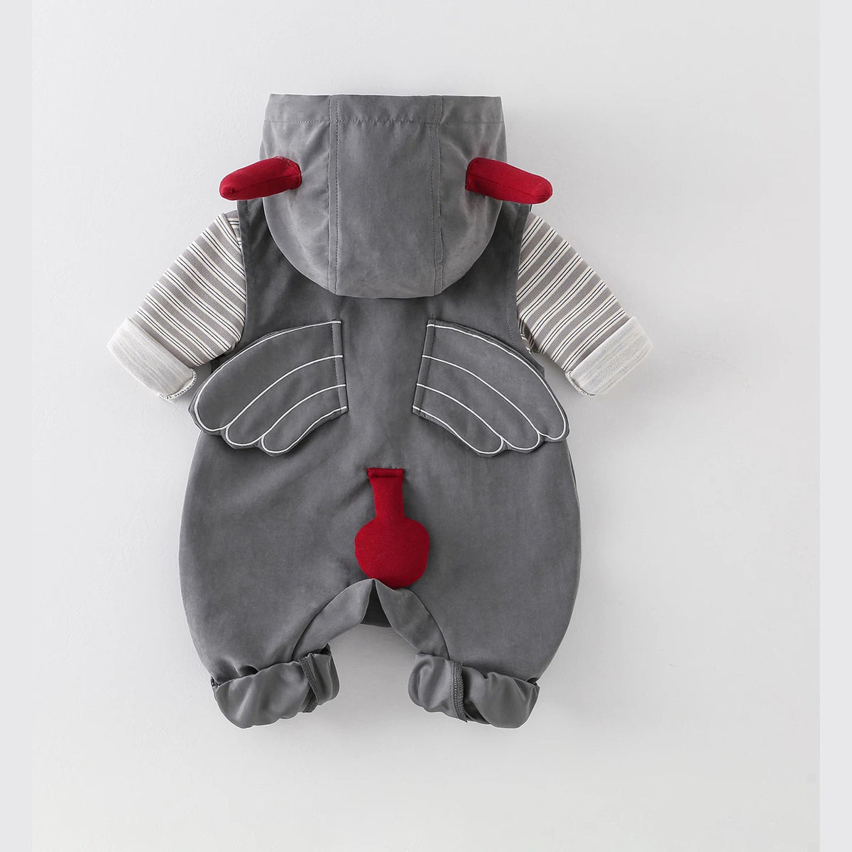 Back of the little devil romper with stitched wings and a red tail